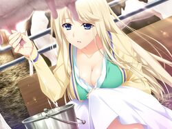  animal blonde_hair blue_eyes blush bovine breast_press breasts bucket cleavage female game_cg hand_milking highres huge_breasts iizuki_tasuku large_breasts long_hair lovely_x_cation_2 milk open_mouth skirt squatting udder v 