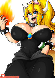  black_dress blonde_hair blue_eyes bowsette bracelet breasts cleavage collar crown dress earrings eyebrows_visible_through_hair fangs female fire horns jewelry large_breasts looking_at_viewer mario_(series) new_super_mario_bros._u_deluxe nintendo open_mouth ponytail simple_background solo spiked_bracelet spiked_collar spikes super_crown white_background witchking00 