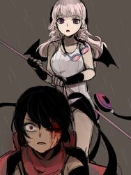  2girls bad_id bad_pixiv_id bat_wings black_hair blood blood_on_face fingerless_gloves gloves goggles goggles_around_neck headphones highres injury kuya_(hey36253625) magical_girl mahou_shoujo_ikusei_keikaku mahou_shoujo_ikusei_keikaku_unmarked multiple_girls pink_eyes pink_hair polearm rain ripple_(mahoiku) scarf spoilers swim_swim swimsuit weapon wings 