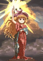  arm_up blonde_hair clownpiece columbia_pictures commentary_request female hat jester_cap kindei_(kondei26) long_hair one-hour_drawing_challenge parody podium red_eyes smile solo torch touhou 