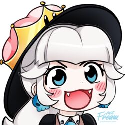  :d blue_eyes blush blush_stickers boo_(mario) commentary crown earrings eyelashes fangs female fream gyate_gyate jewelry long_hair mario_(series) meme new_super_mario_bros._u_deluxe open_mouth peachyboo portrait smile solo super_crown transparent_background v-shaped_eyebrows watermark white_hair 