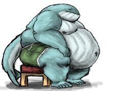  anthro belly big_belly blue_body bottomwear cetacean clothing comerboy75 furniture hand_on_leg hi_res male mammal marine moobs navel niall_ocinneide_(comerboy75) nipples obese obese_anthro obese_male overweight overweight_anthro overweight_male shorts simple_background sitting solo stool tail thick_thighs whale 