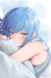  alternate_costume bare_shoulders bed_sheet blue_camisole blue_eyes blue_hair blush breasts camisole closed_mouth dutch_angle female hair_down highres hololive hoshimachi_suisei hugging_object kaiwa looking_at_viewer lying medium_breasts medium_hair messy_hair no_bra on_bed on_stomach pillow pillow_hug sideboob solo star_(symbol) star_in_eye symbol_in_eye under_covers upper_body virtual_youtuber 