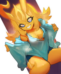  baniran_dorosu bare_shoulders bikini blonde_hair blue_bikini blue_eyes blue_jacket blue_shirt blue_shorts breasts character_name cleavage colored_skin female front-tie_bikini_top front-tie_top horns jacket long_hair looking_at_viewer medium_breasts multicolored_skin original parted_lips shirt shorts smile solo sunny_(baniran_dorosu) swimsuit v-neck yellow_eyes yellow_skin 