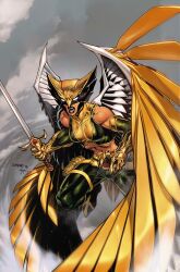  breasts collaboration cropped_shirt dc_comics female gauntlets green_pants green_shirt hawkgirl helmet highres jim_lee kendra_saunders looking_at_viewer medium_breasts midriff open_mouth pants pouch shirt signature sleeveless sleeveless_shirt solo sword thigh_pouch tomeu_morey two-tone_shirt weapon wings 