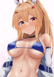  absurdres ayanami_(azur_lane) ayanami_(retrofit)_(azur_lane) azur_lane bare_shoulders bikini black_choker blonde_hair blue_bikini blush breasts breasts_apart choker closed_mouth covered_nipples detached_sleeves female hair_ornament halterneck high_ponytail highres large_breasts long_hair long_sleeves looking_at_viewer mechanical_ears navel ponytail red_eyes ryara simple_background smile solo stomach strap_gap string_bikini sweat sweatdrop swimsuit upper_body white_background 