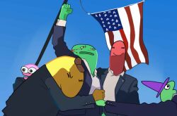  adult_swim allan_red ambiguous_gender american_flag anthro blood blue_sky bodily_fluids cartoon_network charlie_dompler clothing colored_line_art glep_(smiling_friends) green_body green_skin group hat headgear headwear humanoid male meme mr._frog_(smiling_friends) pim_pimling pink_line_art purple_clothing purple_hat purple_headwear red_body red_skin shaded sky smiling_friends suit_jacket trump_rally_shooting united_states_of_america unknown_artist yellow_body yellow_skin 