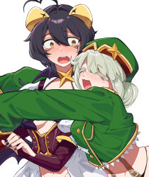  2girls ahoge araga_kiwi black_hair blush breasts closed_eyes corset cowboy_shot forward_facing_horns hat heart heart_ahoge hiiragi_utena hug leoparde_(mahou_shoujo_ni_akogarete) magia_baiser mahou_shoujo_ni_akogarete medium_breasts medium_hair military_hat military_uniform mole mole_under_eye multiple_girls nail navel open_mouth simple_background sleeves_past_wrists smile star-shaped_pupils star_(symbol) symbol-shaped_pupils ta_gk uniform white_background yellow_eyes yuri 