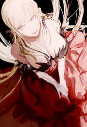  ._(kometto333) bakemonogatari bare_shoulders black_background blonde_hair breasts cleavage collarbone dress elbow_gloves feather-trimmed_dress feather-trimmed_gloves feather_trim female gloves hair_ribbon highres kiss-shot_acerola-orion_heart-under-blade kizumonogatari large_breasts long_hair looking_at_viewer monogatari_(series) oshino_shinobu pointy_ears red_dress ribbon simple_background solo strapless vampire very_long_hair white_gloves yellow_eyes 