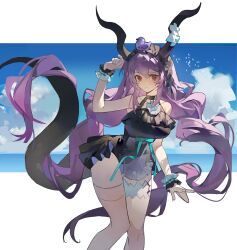  absurdres aqua_bow aqua_ribbon arknights arm_up black_hairband black_horns black_one-piece_swimsuit black_tail bow breasts closed_mouth expressionless feet_out_of_frame female frilled_hairband frilled_one-piece_swimsuit frills hairband highres horns jiao_qiang_bu_sha long_hair official_alternate_costume one-piece_swimsuit purple_hair red_eyes ribbon rubber_duck simple_bird solo standing swimsuit tail tail_raised typhon_(arknights) typhon_(temperature_difference)_(arknights) unfinished very_long_hair 