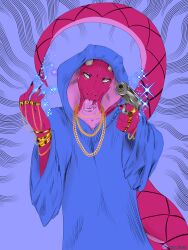  2024 absurd_res anthro big_tail chains clothed clothing cobra digital_media_(artwork) female gold_(metal) gun hi_res hood horn in_clothes looking_at_viewer magic mammal pink_body pink_scales ranged_weapon reptile ring rings_on_arms scales scalie shadow_wizard_money_gang simple_background snake snake_hood solo sparkles tail ti-julie_(puroslavking) tongue tongue_out tora_kasai weapon white_eyes 