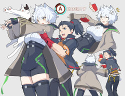  1boy animal_ears armpit_carry black_gloves black_hair black_jacket black_pants black_shorts black_thighhighs blue_eyes blush breasts brown_coat cat_ears chest_jewel clothing_cutout coat covered_navel feline female fingerless_gloves gameplay_mechanics gloves grey_background high-waist_shorts high_ponytail highres jacket large_breasts long_hair longcat_(meme) matthew_(xenoblade) medaman meme multiple_views na&#039;el_(xenoblade) open_mouth orange_shirt outstretched_arms pants red_gloves shirt short_hair short_sleeves shorts simple_background thighhighs translation_request white_hair xenoblade_chronicles_(series) xenoblade_chronicles_3 xenoblade_chronicles_3:_future_redeemed yellow_eyes 