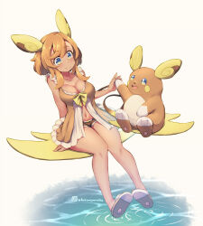  alolan_raichu animal_ears blue_eyes breasts cleavage closed_mouth commentary_request dual_persona female full_body grey_background kuromiya legs looking_at_another medium_breasts navel personification pokemon pokemon_(creature) simple_background sitting smile tail thighs twitter_username 