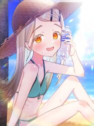  absurdres bare_legs bikini blush bottle breasts collarbone feet_out_of_frame female front-tie_bikini_top front-tie_top gakuen_idolmaster gradient_hair green_bikini grey_hair hat highres holding holding_bottle idolmaster knees_up light_brown_hair long_hair looking_at_viewer multicolored_hair orange_eyes outdoors pocari_sweat ribs shigino_tsugumi shinosawa_hiro side-tie_bikini_bottom sitting skinny small_breasts smile solo straw_hat sweat swept_bangs swimsuit 