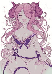  bikini breasts butterfly_earrings cleavage closed_eyes double_bun draph earrings ekra female frilled_bikini frills granblue_fantasy hair_bun hair_over_one_eye highres horns jewelry large_breasts narmaya_(granblue_fantasy) narmaya_(summer)_(granblue_fantasy) official_alternate_costume open_mouth pointy_ears side-tie_bikini_bottom solo sparkle swimsuit thigh_strap white_bikini 