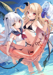  2girls absurdres bikini black_bikini blonde_hair blue_sky boku_wa_chiisana_succubus_no_shimobe breasts chloe_lilith_stella cloud crop_top demon_girl demon_horns demon_tail grey_hair heart-shaped_innertube heterochromia highres horns innertube kedama_milk multiple_girls navel ocean pointy_ears pubic_tattoo red_eyes sailor_collar sky small_breasts smile standing standing_on_one_leg sunlight swim_ring swimsuit tail tattoo thigh_strap tiffany_lilith_stella wading water water_gun yellow_eyes 