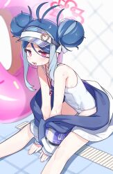  1boy absurdres ahoge blue_archive blue_hair breasts double_bun fubuki_(blue_archive) fubuki_(swimsuit)_(blue_archive) hair_bun halo highres hufy innertube one-piece_swimsuit pink_eyes small_breasts swim_ring swimsuit visor_cap whistle whistle_around_neck 