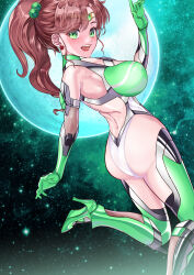  absurdres alternate_costume arion_canvas ass bishoujo_senshi_sailor_moon bodysuit breasts brown_hair cosplay elbow_gloves female gloves green_eyes highres kino_makoto large_breasts long_hair looking_at_viewer looking_back magical_girl open_mouth ponytail sailor_jupiter skin_tight smile solo 