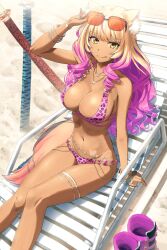  animal_ears animal_print beach bikini blonde_hair bracelet breasts brown_eyes chair drill_hair eyewear_on_head fate/grand_order fate_(series) female fox_ears fox_tail gradient_hair highres jewelry kamo_ashi katana large_breasts leopard_print long_hair lounge_chair multicolored_hair navel pink_bikini pink_hair pink_nails planted planted_sword shoes sunglasses suzuka_gozen_(fate) suzuka_gozen_(swimsuit_rider)_(fate) suzuka_gozen_(swimsuit_rider)_(second_ascension)_(fate) swimsuit sword tail tan thigh_strap unworn_shoes weapon 