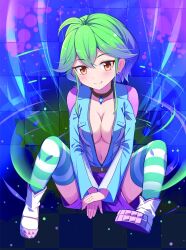  akabane_(magical) black_choker breasts choker cleavage closed_mouth female green_hair jacket long_sleeves looking_at_viewer navel partially_unzipped rin_(yu-gi-oh!) short_hair smile solo striped_clothes striped_thighhighs thighhighs yu-gi-oh! yu-gi-oh!_arc-v zipper_pull_tab 