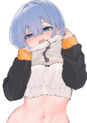  :d absurdres alternate_costume blue_eyes blue_hair blush breasts chiro00102 clothes_lift female highres jacket jacket_lift large_breasts long_sleeves looking_at_viewer navel no_hair_ornament re:zero_kara_hajimeru_isekai_seikatsu rem_(re:zero) ribbon_trim short_hair simple_background sleeves_past_wrists smile solo white_background 