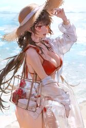  absurdres beach bikini blue_sky breasts brown_hair cleavage commentary cowboy_shot fangs female fingernails from_side furrowed_brow hair_between_eyes hat highres hot large_breasts long_hair looking_ahead nail_polish ocean open_mouth original outdoors red_bikini red_eyes red_nails sand sidelocks sky solo standing straw_hat sunlight swimsuit symbol-only_commentary thighs tongue tongue_out water wet ye_jji 