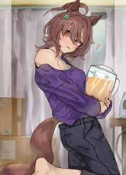  ? absurdres agnes_tachyon_(umamusume) ahoge animal_ears barefoot brown_hair chemical_structure commentary_request earrings female hair_between_eyes highres holding horse_ears horse_girl jewelry long_sleeves looking_at_viewer messy_hair necklace official_alternate_costume parted_lips purple_sweater short_hair signature single_earring solo sweater tonariuta umamusume 