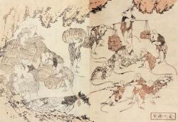  1819 19th_century ancient_art anthro asian_clothing black_clothing clothing east_asian_clothing fur group japanese_clothing japanese_text katsushika_hokusai kimono mammal mouse murid murine red_clothing rice-bag rodent sack text traditional_media_(artwork) ukiyo-e white_body white_fur 