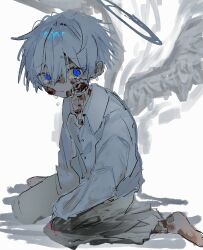  1boy absurdres angel angel_wings bandaid bandaid_on_cheek bandaid_on_chest bandaid_on_face bandaid_on_foot blood blood_on_face blood_on_feet blood_on_neck bloody_bandaid blue_eyes brown_pants collared_shirt commentary_request crying crying_with_eyes_open full_body furrowed_brow hair_between_eyes halo highres long_bangs long_sleeves looking_at_viewer male_focus original pants piyopiyomaru_(piyopiyomaru_0) shirt short_hair sitting tears wariza white_background white_hair white_shirt wings 