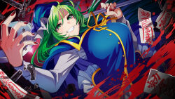  arched_back blue_cape blue_hat blue_vest broken broken_chain cape chains charm_(object) commentary_request female green_eyes green_hair grin hat highres holding holding_staff katayama_kei long_hair long_sleeves looking_at_viewer mima_(touhou) red_nails ribbon shirt smile solo staff touhou touhou_(pc-98) upper_body vest white_shirt wizard_hat yellow_ribbon 