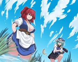  2girls black_skirt blue_dress breasts cleavage dress fish formicid grass green_eyes green_hair highres holding holding_clothes holding_footwear multiple_girls onozuka_komachi outdoors puffy_short_sleeves puffy_sleeves red_eyes red_hair shiki_eiki short_sleeves skirt touhou two_side_up 