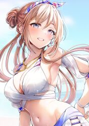  absurdres armpits bikini blue_eyes breasts brown_hair female gakuen_idolmaster hairband highres himesaki_rinami idolmaster jewelry kimi_to_semi_blue_(idolmaster) large_breasts long_hair navel necklace popon_ta smile solo stomach swimsuit upper_body white_bikini 