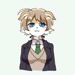  ahoge alternate_species anthro bangs blonde_hair blue_eyes bow_ribbon cheek_tuft clothing collared_shirt domestic_cat facial_tuft felid feline felis female floppy_ears fur furrification green_necktie hair hi_res looking_at_viewer lynette_bishop mammal minamiko necktie school_uniform scottish_fold shirt simple_background solo strike_witches sweater sweater_vest topwear tuft uniform vest white_background white_body white_clothing white_fur white_shirt white_topwear yellow_body yellow_fur 