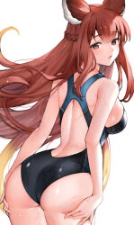  animal_ears anthuria ass black_one-piece_swimsuit blonde_hair braid breasts competition_swimsuit erune female from_behind gradient_hair granblue_fantasy highres koretsuki_azuma long_hair looking_at_viewer looking_back medium_breasts multicolored_hair one-piece_swimsuit open_mouth red_hair simple_background solo swimsuit white_background 