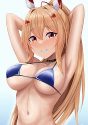  absurdres armpits arms_behind_head arms_up ayanami_(azur_lane) ayanami_(retrofit)_(azur_lane) azur_lane bare_arms bare_shoulders bikini black_choker blonde_hair blue_bikini breasts choker cleavage female grin hair_ornament halterneck highres large_breasts long_hair looking_at_viewer mechanical_ears navel ponytail red_eyes ryara simple_background skindentation smile solo stomach strap_gap string_bikini swimsuit upper_body white_background 