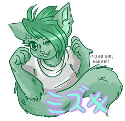  2019 5_fingers :3 absurd_res anthro arm_tuft artist_name bangs bent_arm circle_eyebrows clothed clothing colored digital_drawing_(artwork) digital_media_(artwork) domestic_cat eyebrows eyelashes fangs felid feline felis female fingers fluffy fluffy_tail fur green_body green_eyebrows green_eyes green_fur green_hair green_inner_ear hair hi_res japanese_text long_tail looking_at_viewer mammal neck_tuft one_eye_closed pink_mouth pink_nose raised_arm shaded shirt simple_background solo t-shirt tail teeth text topwear translated tuft white_background white_clothing white_shirt white_t-shirt white_topwear wink winking_at_viewer yaminoneko 