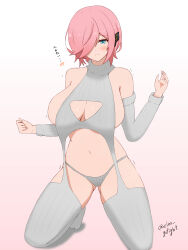  absurdres artist_name bare_shoulders barrett_(cryptract) blue_eyes blush breasts cleavage_cutout closed_mouth clothing_cutout cryptract detached_sleeves entero_gofight hair_over_one_eye highres kneeling large_breasts meme_attire navel pink_hair sideboob simple_background solo translated turtleneck virgin_destroyer_sweater 