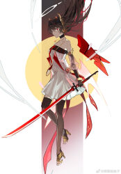  bare_shoulders black_thighhighs border brown_hair chinese_commentary choker collarbone commentary detached_sleeves dress female floating_hair from_side gradient_background halo headgear highres holding holding_sword holding_weapon jewelry katana looking_at_viewer looking_to_the_side lucia:_plume_(eventide_glow)_(punishing:_gray_raven) lucia_(punishing:_gray_raven) midair mole mole_under_eye narakuuu necklace official_alternate_costume pillarboxed plantar_flexion punishing:_gray_raven red_eyes see-through see-through_sleeves solo strapless strapless_dress sword thighhighs toeless_footwear weapon weibo_logo weibo_watermark white_border white_dress 