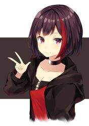  &gt;:) bang_dream! black_background black_choker black_hair black_jacket blush breasts choker cleavage closed_mouth collarbone commentary_request cropped_torso female hand_up highres hood hood_down hooded_jacket jacket komomo_(ptkrx) long_sleeves looking_at_viewer mitake_ran multicolored_hair open_clothes open_jacket puffy_long_sleeves puffy_sleeves red_eyes red_hair small_breasts smile solo streaked_hair two-tone_background upper_body v-shaped_eyebrows w white_background 