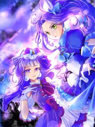  2girls ascot blue_neckerchief blue_ribbon bow brooch closed_mouth clothing_cutout cowboy_shot cure_amour cure_beat dress earrings frilled_skirt frills gloves hair_ornament hair_ribbon hairbow heart heart_earrings heart_hair_ornament highres hugtto!_precure in-franchise_crossover jewelry kurokawa_eren layered_dress layered_skirt lightning lips long_hair looking_at_viewer magical_girl manekineko5319 multiple_girls neckerchief pink_ascot precure purple_background purple_bow purple_dress purple_eyes purple_hair ribbon ruru_amour shoulder_cutout side_ponytail skirt smile suite_precure trait_connection white_gloves yellow_eyes 