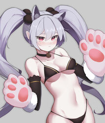  absurdres alternate_costume animal_ears animal_hands bare_shoulders bikini black_bikini blush breasts cat_ears cat_paws closed_mouth collar elbow_gloves expressionless fake_animal_ears female gloves guardian_tales hands_up highres long_hair looking_at_viewer medium_breasts navel necromancer_noxia paw_gloves pink_eyes sliverdog swimsuit twintails 