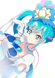  blue_dress blue_neckerchief breasts brooch copyright_name cure_spicy delicious_party_precure dress elbow_gloves female fuwa_kokone gloves green_eyes hair_between_eyes hair_bun heart heart_brooch highres jewelry long_hair looking_at_viewer magical_girl medium_breasts mosuchaka neckerchief precure puffy_short_sleeves puffy_sleeves short_sleeves simple_background single_hair_bun smile solo two-tone_background upper_body white_background white_dress white_gloves 