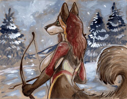  2022 anthro arrow_(weapon) auya big_breasts bow_(weapon) breasts cadmiumtea canid canine canis cloud coniferous_tree detailed_background female green_eyes hair half-length_portrait hi_res highlights_(coloring) holding_object holding_weapon long_hair mammal nude orange_highlights outside plant portrait ranged_weapon snow snow_on_trees snowing solo standing storm traditional_media_(artwork) tree weapon wolf 