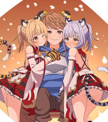  1boy 2girls :o ;) animal_ears animal_hands animal_print armor ass backless_outfit bai_(granblue_fantasy) bare_shoulders blonde_hair blue_hoodie blush breastplate brown_eyes brown_hair brown_pants closed_mouth commentary_request detached_sleeves erune fake_animal_ears feet_out_of_frame frilled_skirt frills fur-trimmed_gloves fur-trimmed_sleeves fur_trim gloves gran_(granblue_fantasy) granblue_fantasy grey_gloves grey_hair hekomii highres hood hood_down hoodie huang_(granblue_fantasy) long_sleeves multiple_girls one_eye_closed orange_gloves pants parted_lips paw_gloves pleated_skirt ponytail print_skirt red_skirt siblings sisters skirt smile straight tail tail_censor tail_raised thigh_gap tiger_ears tiger_girl tiger_paws tiger_print tiger_tail twins white_sleeves wide_sleeves 