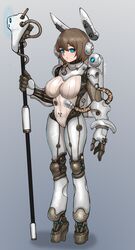  absurdres blue_eyes breasts brown_hair closed_mouth commentary expressionless female full_body highres large_breasts looking_at_viewer mecha_musume original short_hair solo takefu_jiin 