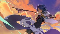  aqua_(kingdom_hearts) bike_shorts blue_eyes blue_hair cloud commission detached_sleeves evening female fingerless_gloves gloves holding holding_weapon ian_olympia keyblade kingdom_hearts kingdom_hearts_birth_by_sleep looking_to_the_side parted_lips rainfell short_hair short_shorts shorts thigh_gap weapon 