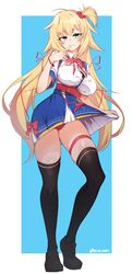  :d akai_haato akai_haato_(1st_costume) black_thighhighs blonde_hair blue_eyes breasts clothes_lift commentary female finger_to_mouth full_body hair_ornament hair_ribbon highres hololive large_breasts leg_belt lifting_own_clothes loafers long_hair looking_at_viewer one_side_up open_mouth panties red_panties ribbon school_uniform shoes short_sleeves skindentation skirt skirt_lift smile smug solo thighhighs tilt-shift_(azalanz) underwear very_long_hair virtual_youtuber 