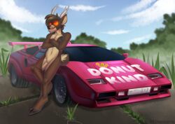  anthro antlers car cervine crossed_arms deer diaminerre eyewear featureless_crotch full-length_portrait hooves horn lamborghini lamborghini_countach male mammal nude outside portrait posed road solo sunglasses vehicle 