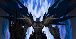  absurdres belial_(iron_saga) blue_eyes blue_fire chinese_commentary fire glowing glowing_eye highres iron_saga looking_at_viewer mecha mechanical_wings no_humans robot science_fiction solo straight-on wings yi_huizi 