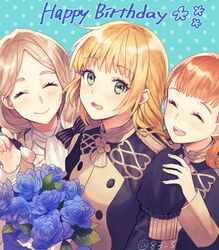  3girls annette_fantine_dominic blonde_hair bouquet bow closed_eyes closed_mouth fire_emblem fire_emblem:_three_houses flower garreg_mach_monastery_uniform green_eyes happy_birthday ingrid_brandl_galatea long_hair long_sleeves low_ponytail mercedes_von_martritz multiple_girls open_mouth orange_hair smile twintails twitter_username uniform upper_body yamigo 